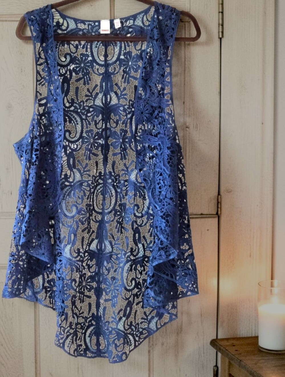 Bongo Midnight Blue Lace Open Vest Top High-Low Hem Dark Romantic Feminine Sz L